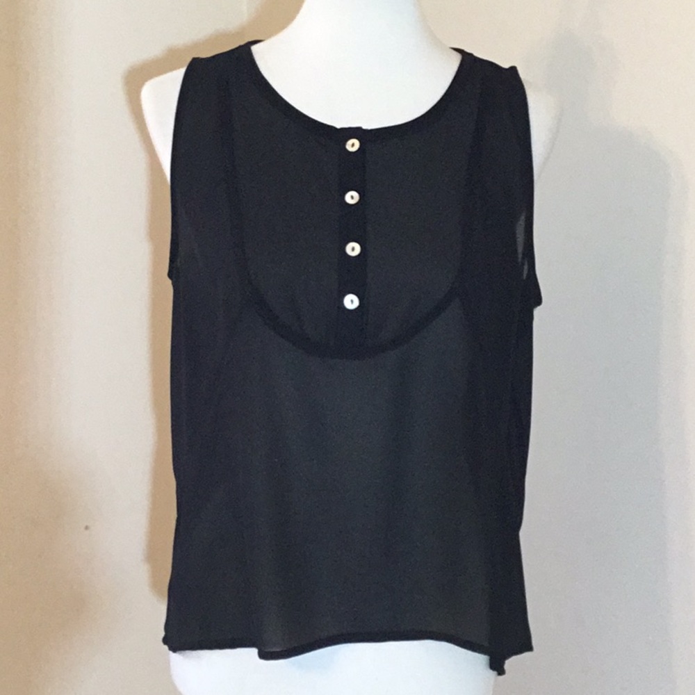 Chloe K sheer sleeveless blouse, loose fitting, slip over with button front, Lg